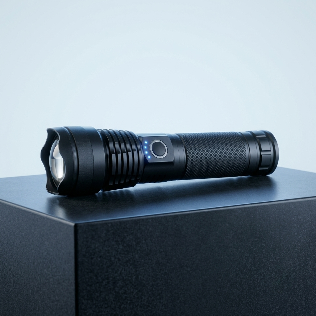 Studio photograph of the black flashlight on a dark pedestal with its blue power display illuminated