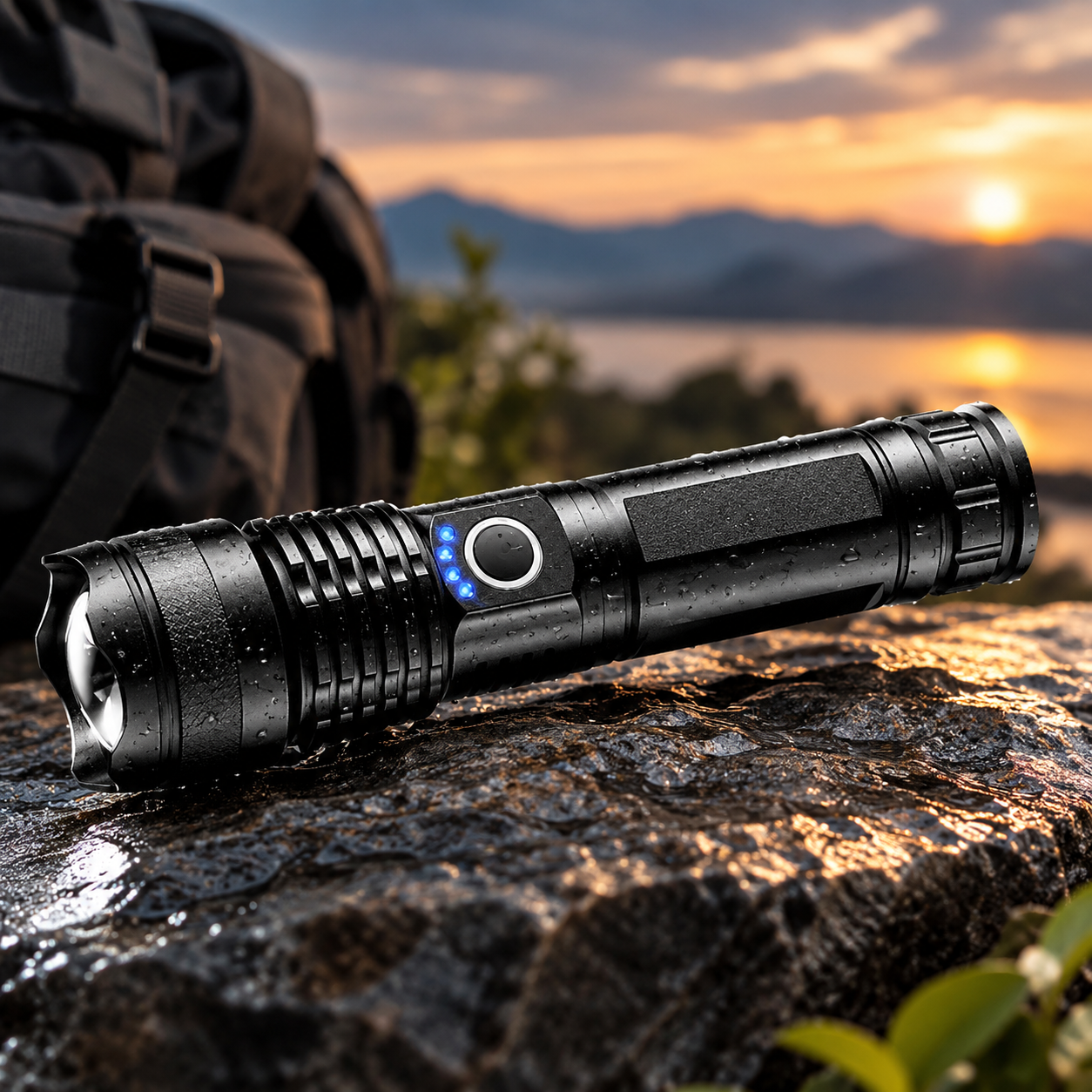 Water-covered black defense flashlight on a rock with a backpack and sunset lake behind it
